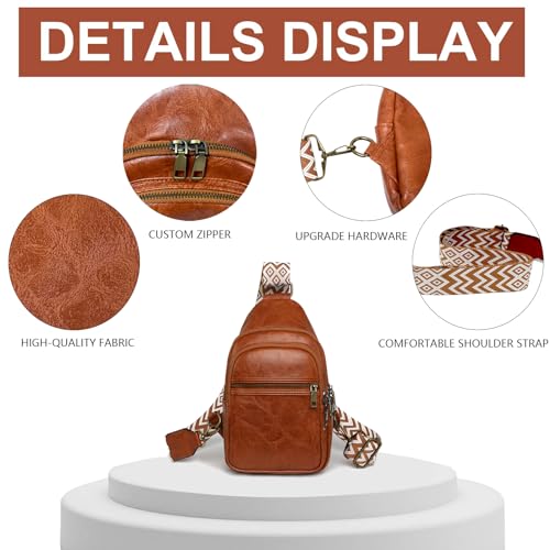 Image of FAYBA Small Sling Bag for Women Crossbody Fanny Pack, PU Leather Wide Guitar Strap Chest Sling Backpack Purse Brown