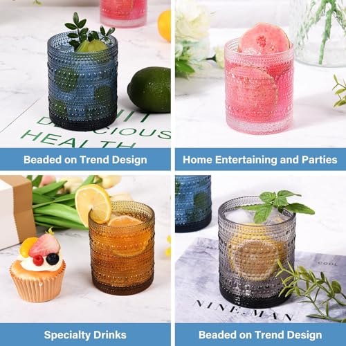 Image of Cocktail Glasses 10 oz Hobnail Drinking Glasses Set of 6, Vintage Glassware, Textured Glass Cups Bubble Glasses Water Glasses Old Fashion Jupiter Glasses Set, Grey