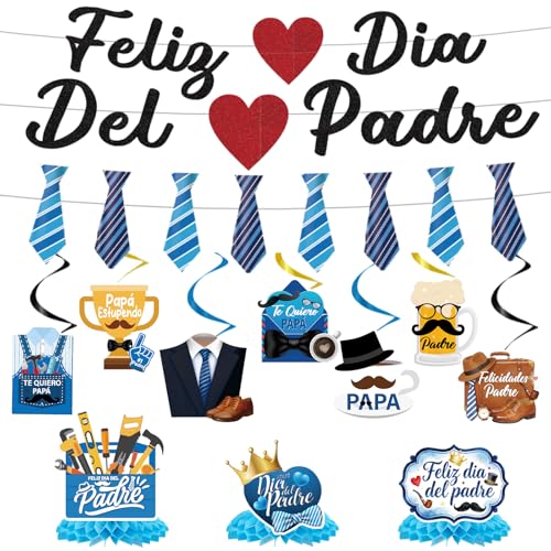 EUOYUFO 14pcs Fathers Day Party Decorations Include Feliz Dia Del Padre Banners Hanging Swirls Honeycomb Centerpieces Best Dad Ever Theme Decor Supplies