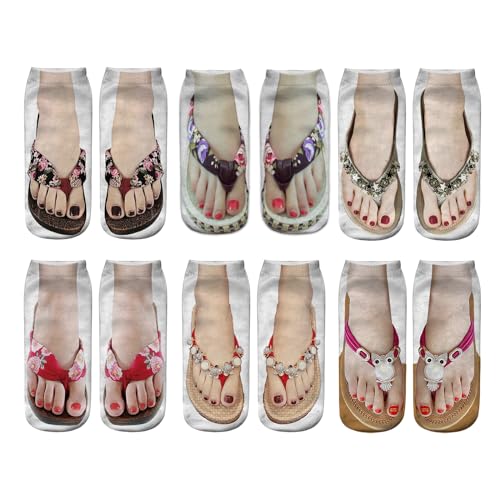 CEAeis 6 Pairs Manicure Print Socks 3D Pattern Socks Funny Flip Flop Socks Personalized Low Cut Ankle Socks (6 Pairs - G)