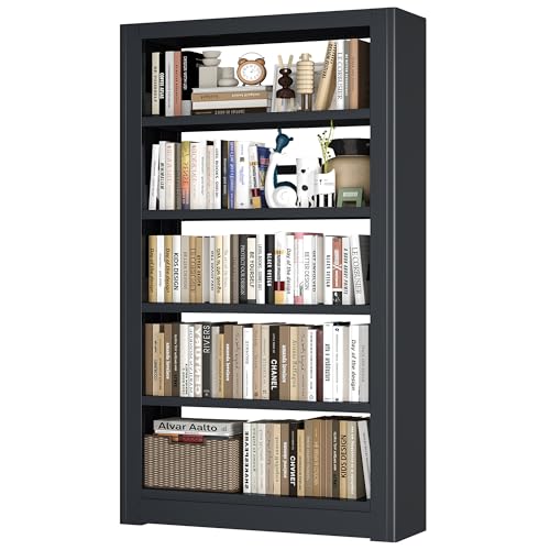 LyAosdFu Large Metal Bookcase, 69” Modular Bookshelf with Storage, 5 Tier Bookcase with Adjustable Shelves, Extra Tall Book Shelves, Modern Book Case for Library, Office, Entryway, Living Room（Black）