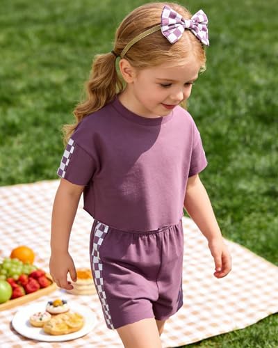 Image of SANMIO Toddler Girl Clothes Summer 3 Piece Outfits Cute | Short Sleeves Checkered Tops Shorts and Headband Girls Clothing Set