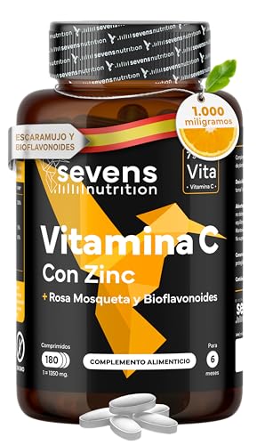 Vitamina C 1000mg + Zinc - 180 Comprimidos - Vitamina C y Zinc para Resfriados - Con Escaramujo y Bioflavonoides - Para 6 Meses - Vitaminas para el Cansancio, Sistema Inmunológico y Defensas - Vegano