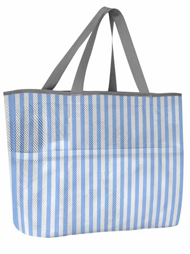 Mesh Beach Bag Oversized Tote Bags for Women Light Blue Stripe Large Travel Pool Bags with 8 Pockets