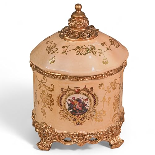 Image of DECOR BAE Flower Printed Luxurious Jewellery Jar, Resin Handcrafted Antique Premium Jewelry Storage Box for All Jewelry Necklaces Earring Ring Chain Bangle (Beige, 6.5X10 Inch)