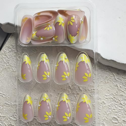 Image of Yellow French Tip Press on Nails Spring Flower Fake Nails with Pearl Design Glossy Glue on Nails Reusable Artificial Acrylic Full Cover Stick on Nails Medium Almond False Nail for Women Manicure 24Pcs