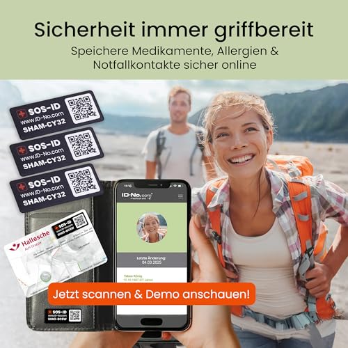 SOS-ID Label (3er-Set) – SOS-ID Etikett mit QR-Code – langlebiges & kratzfestes Klebelabel – schneller Zugriff auf wichtige Gesundheitsdaten für Ersthelfer oder Rettungskräfte