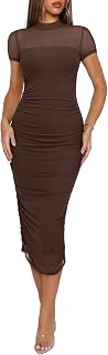 REORIA Women's Fall Mesh Sheer Long Sleeve Midi Ruched Bodycon Dress Mock Neck Elegant Evening Party Cocktail Dresses
