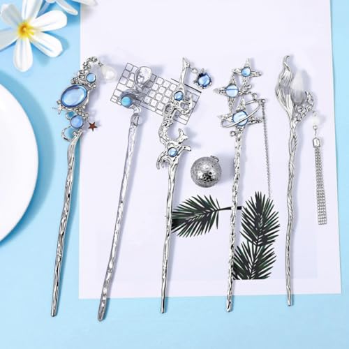 Image of SANNIDHI Hair Stick for Bun Accessories for Woman, 5Pcs Vintage Alloy Juda Pins for Hair Bun, Moonstone Planet Star Charm Silver Accessories for Updo & Daily Styling