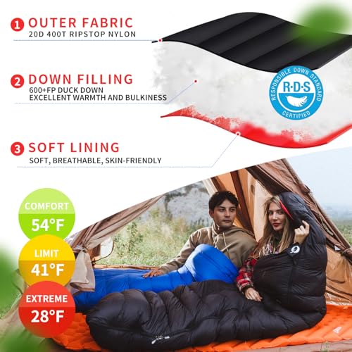 Down Sleeping Bag for Adults, 600 Fill Power, Ultralight & Compact with Compression Sack for Backpacking, Camping, Hiking - Image 4