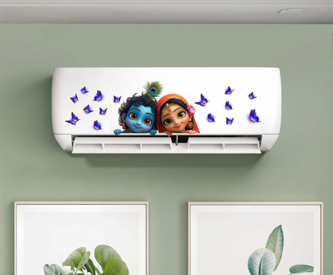 divinedesigns baby krishna with butterfly ac sticker for split air conditioner | decorative self-adhesive wall & ac decal | waterproof pvc vinyl sticker for home, bedroom, living room décor