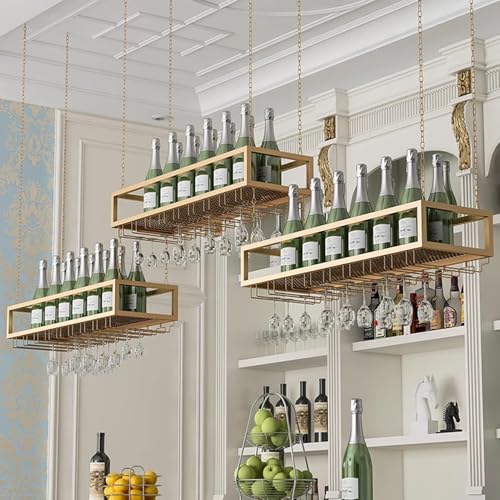 Porte-bouteilles mural doré 60cm avec étagère à verres suspendue