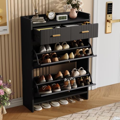 Scarpiera 75 cm nero, 2 ribaltabili, 1 cassetto, design moderno