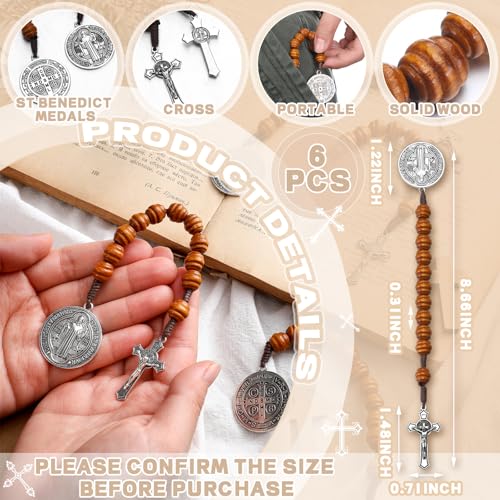 Kigeli 6 Pcs Saint Benedict Medal Prayer Pocket Rosary Catholic Gift for Men Women Bead Wood with Crucifix Christian Religious Gift Solid Wooden Prayer Chaplet with Cross Silver Jesus2