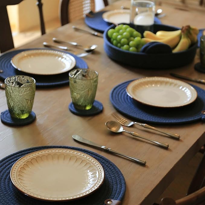 Image of Cotton Rope Placemat Set with Coasters and Holder 6 Pieces Round Woven Table | Mats Natural Beige Heat Resistant | Dining Table Decor | Durable Washable Kitchen Accessories (Royal Blue)
