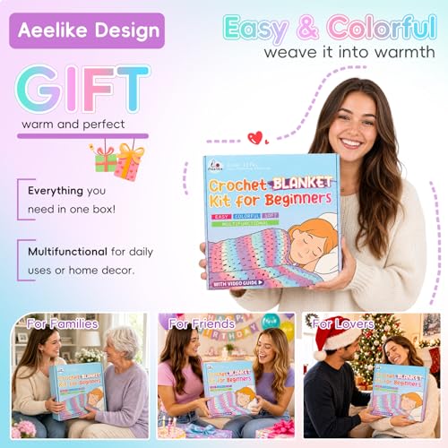 Image of Aeelike Blanket Crochet Kit for Beginners, Super Easy Crochet Blanket Kit with Soft & Colorful Gradient Yarns Detailed Video Tutorials Accessories, Ideal Gift for Crocheter & Aurora Purple Gradient