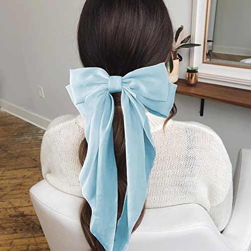 Jumbo-Bow-Clip-with-Tails-Hair-Bow-Clip-For-Woman-Girls-Silky-Satin-Hair-Barrettes-Clip-Large-Bow-Hair-Slides-Metal-Clips-French-Barrette-Long-Tail-Bowknot-Hairpin-Hair-Pins-Accessories-Light-Blue