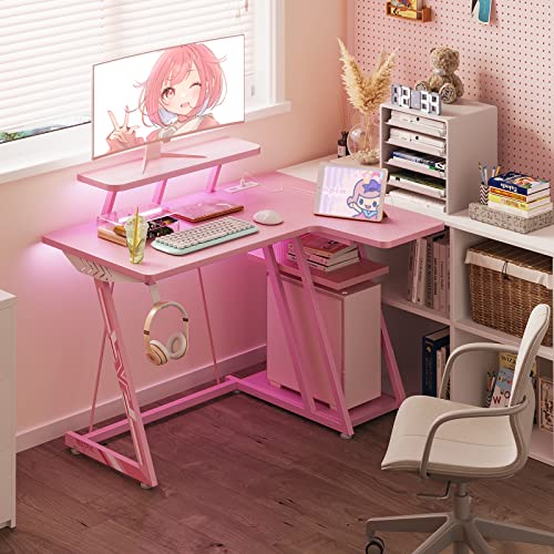 Motpk Pink Gaming Desk L Shaped With Led Lights, Small Corner Computer Desk 39Inch With Power Outlets, Gaming Table With Pc Storage Shelf, Gamer Desk With Monitor Shelf, Carbon Fiber Texture #TOP3