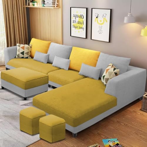 Image of Casaliving Minta 8 Seater L Shape Sofa Set with Ottoman & 2 Puffy for Living Room (8 Seater - RHS, Yellow greyy)