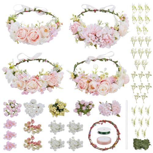 ACRNIGHEET 4 Sets DIY Flower Crown Kit White and Pink Floral Crown Craft Kit Make Your Own Flower Crown Headband Handmade Floral Bridal Headpiece Hair Accessories for Wedding Birthday Party Prop