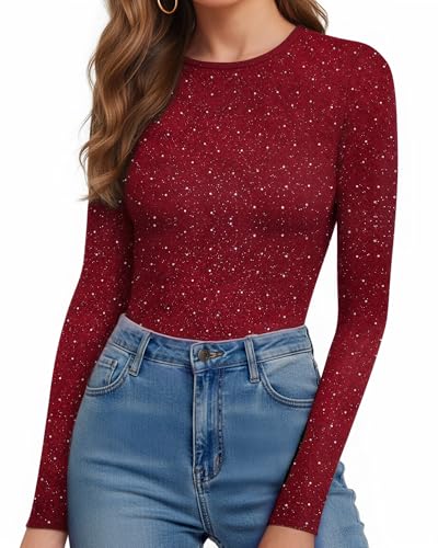 Image of MANGOPOP Womens Bodysuit Long Sleeve Crew Neck Body suit for Women Ribbed Bodysuits Shirts