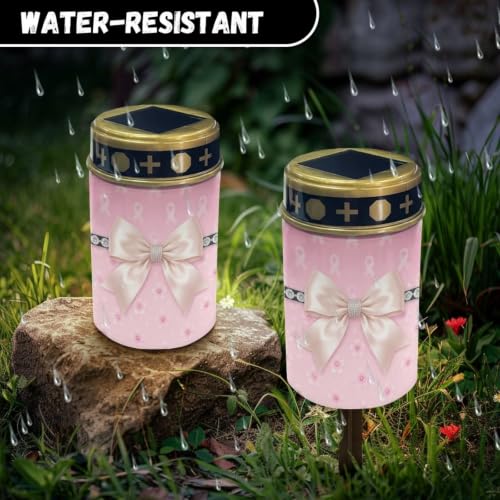 Image of Poceacles Outdoor Solar Lights Garden Cemetery Flameless Candle Water Resistant Pillar Candle Solar Garden Stake Lights for Cemetery Grave Decorations, Pink Ribbon Bow Cherry Blossom