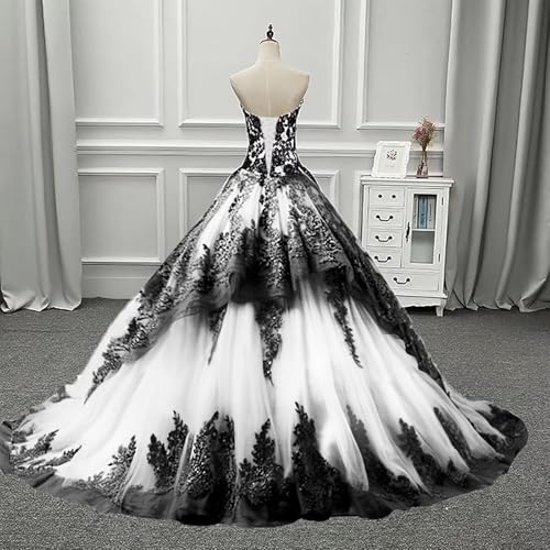 TRHTX Vintage Strapless Wedding Dresses for Bride with Black Appliques Puffy Layered Tulle Bridal Gown3