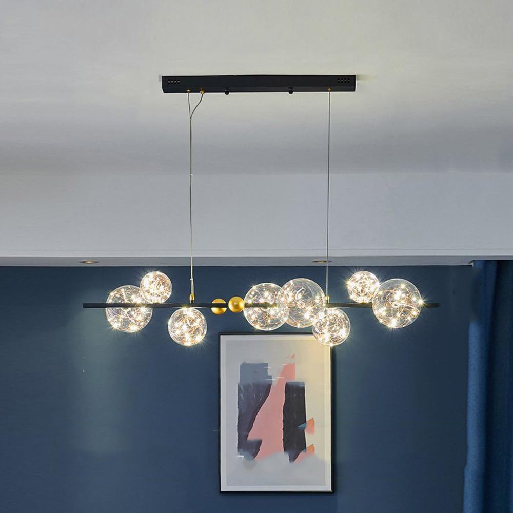 8-punktowa liniowa lampa wisząca Vintage Gold Slender Tube Linear LED Żyrandol z sznurkiem Filament Glass Ściemnialna kuchnia Farmhouse Wyspa sufitowa Lampa wisząca do jadalni Rest