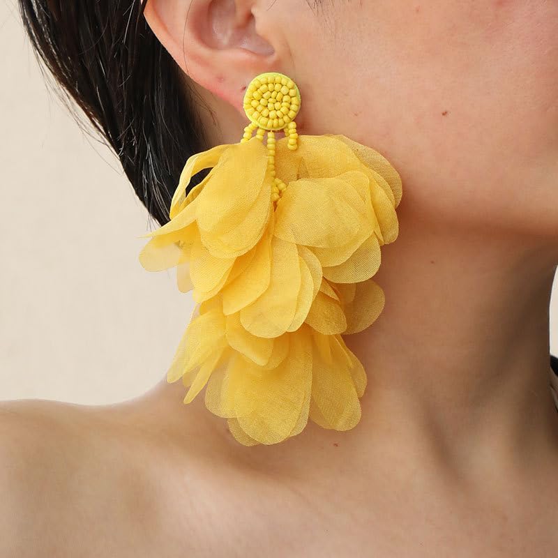 Bohemian Flower Drop Dangle Earrings Vintage Handmade Chiffon Floral Long Tassel Earrings Exaggerated Big Flower Stud Earrings Wedding Bridal Party Ear Jewelry for Women2