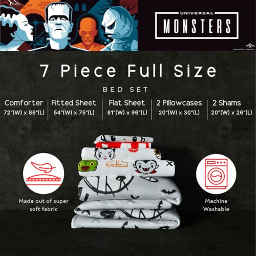 Image of Universal Little Monsters Halloween Full Bed Set - Super Soft & Cozy 7 Piece Reversible Comforter and Sheet Set, (Officially Licensed Product) by Franco