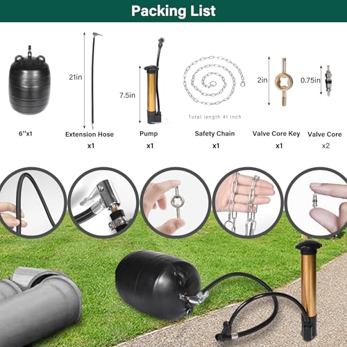 Image of 6 Inch Inflatable Pipe Plug Kit with Fast Air Pump & Extension Hose, Heavy Duty Rubber Sewer Test Ball with Safety Chain & Valve Tool for Drain Blocking & Leak Testing(Fits 5.8 inch-6.2 inch Pipes)