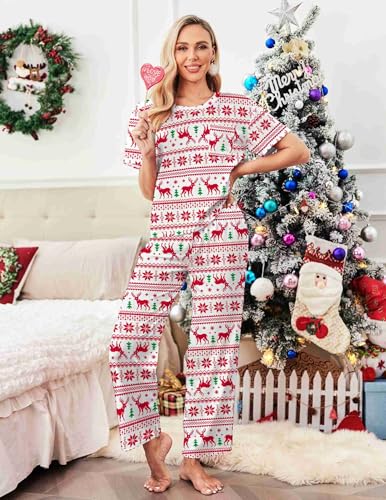 Image of Ekouaer Womens Satin Silky Pajama Set Short Sleeve Shirt with Long Pajama Pant Set Soft PJ Loungewear