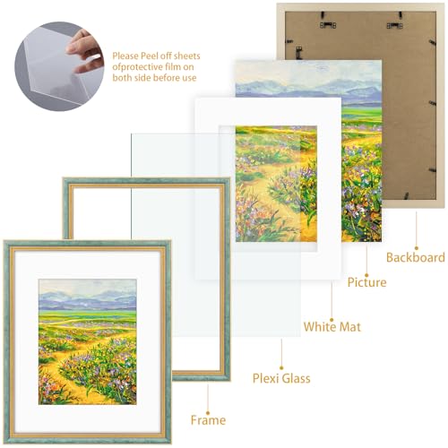 Image of Golden State Art,16x20 Ornate Picture Frame Holds 11x14 Photo,Blue Gold | Includes plexiglass front,white mat,build-in hangers and buttons.Displays 11x14 photo on wall