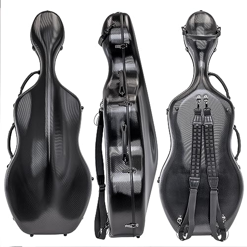 MI&VI CP-7006 Pure Poly Carbon Fiber Cello Case 4/4 Hard Shell 11lb (Full Size) with Wheels | Carry Straps | Rigid Protection | Tough Shell (Black)