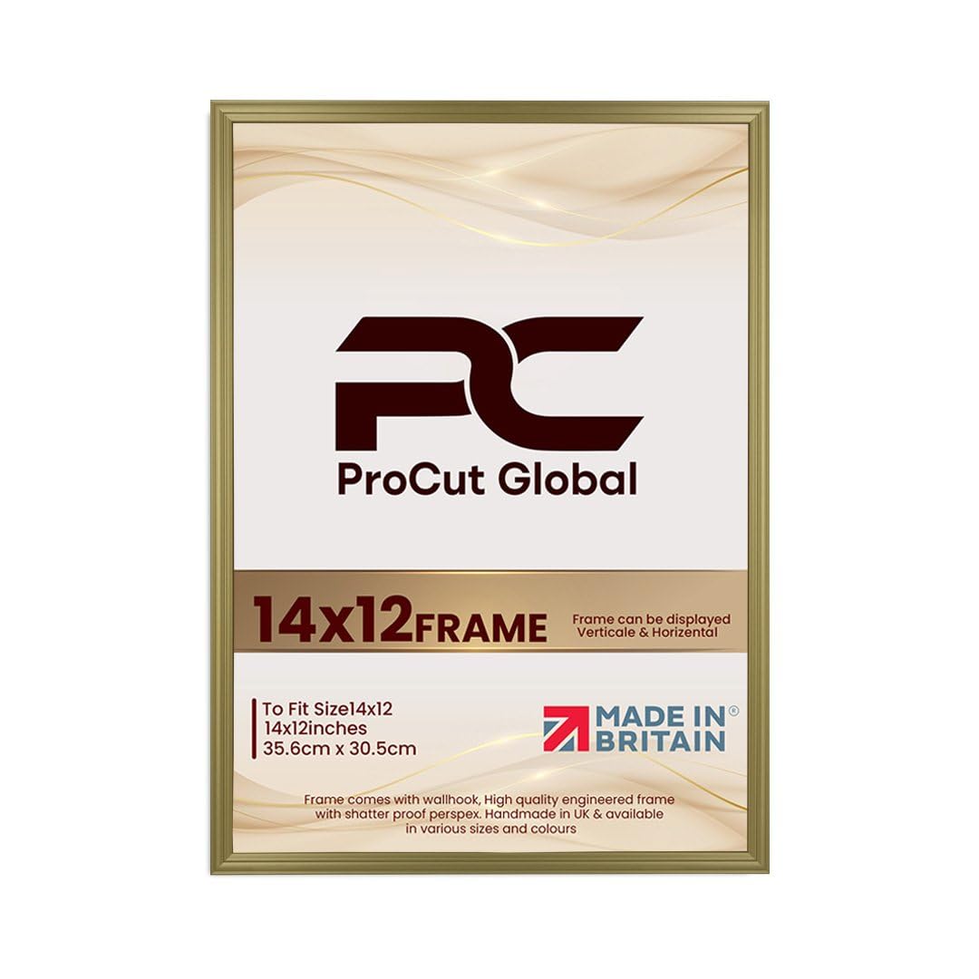 Procut Global 14X12 Gold Picture Frames - Classic Wooden Photo Frame with Shatterproof Perspex for Wall or Tabletop - Perfect for Posters, Certificates & Prints - Sizes & Colors Available