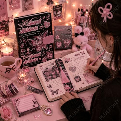 Image of PLUSPOINT Butterfly Aesthetic Scrapbook Kit for Girls - A5 Lock Diary Sweet Ribbons Theme with Stickers, Washi Tape, Memo Pads & Pen, Kawaii Journal Stationery Gift Set for DIY Scrapbooking