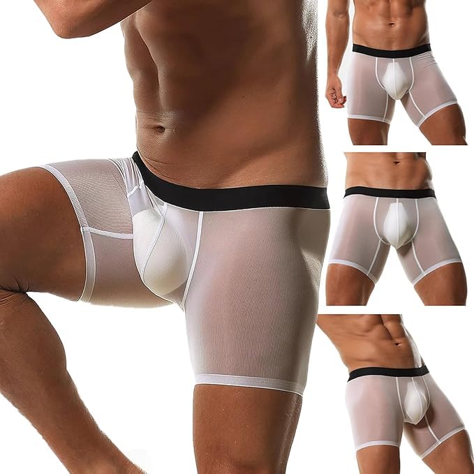Mens Ice Silk Boxer Brief Underwear Ultra Thin Mesh See Through Shorts Panties Sheer Transparent Breathable Short4