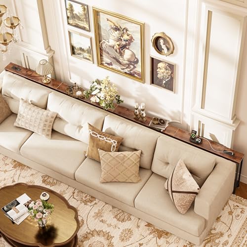 Image of Huuger 141.7 Inch Sofa Table with Power Outlets, Skinny Behind Couch Table | 5.9 Inch Narrow Entryway Table, Extra-Long Console Table, Behind the Couch Table with Outlet for Living Room, Rustic Brown