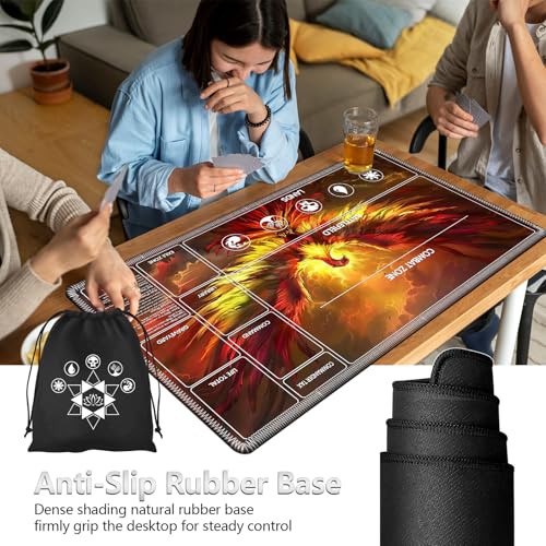 Image of for MTG Playmat with Card Storage Bag,Non-Slip Rubber Base & Smooth Surface 24x14in,Beginner-Friendly Magic Mat for Commander Deck,Phoenix Flame Bird
