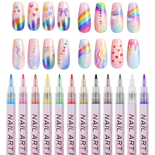 Image of 12 Color Nail Art Pens, 0.7 MM Nail Polish Pens Set Drawing Painting Point Liner Acrylic Painted Pen Kit, Waterproof and Quick-drying Nail for DIY Nails Art Design Manicure Tools