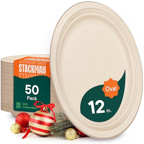 100% Compostable Oval Paper Plates [50-Pack] - {PFAS-Free} - {BPI Certified} - [12 Inch] Heavy Duty, Eco-Friendly, Biodegradable Bagasse Platters - Natural Brown 12" Oval Platter Plates by Stack Man