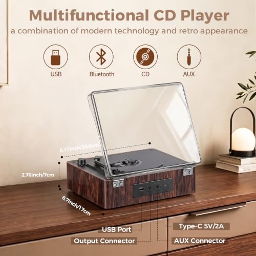 Image of Portable CD Player with Speakers, 6H Playtime with Bluetooth 5.4, Retro CD Player with Hi-Fi Bass Boost, 5000mAh Battery for Home Decor, Bedroom, Outdoor, Gift (Brown)