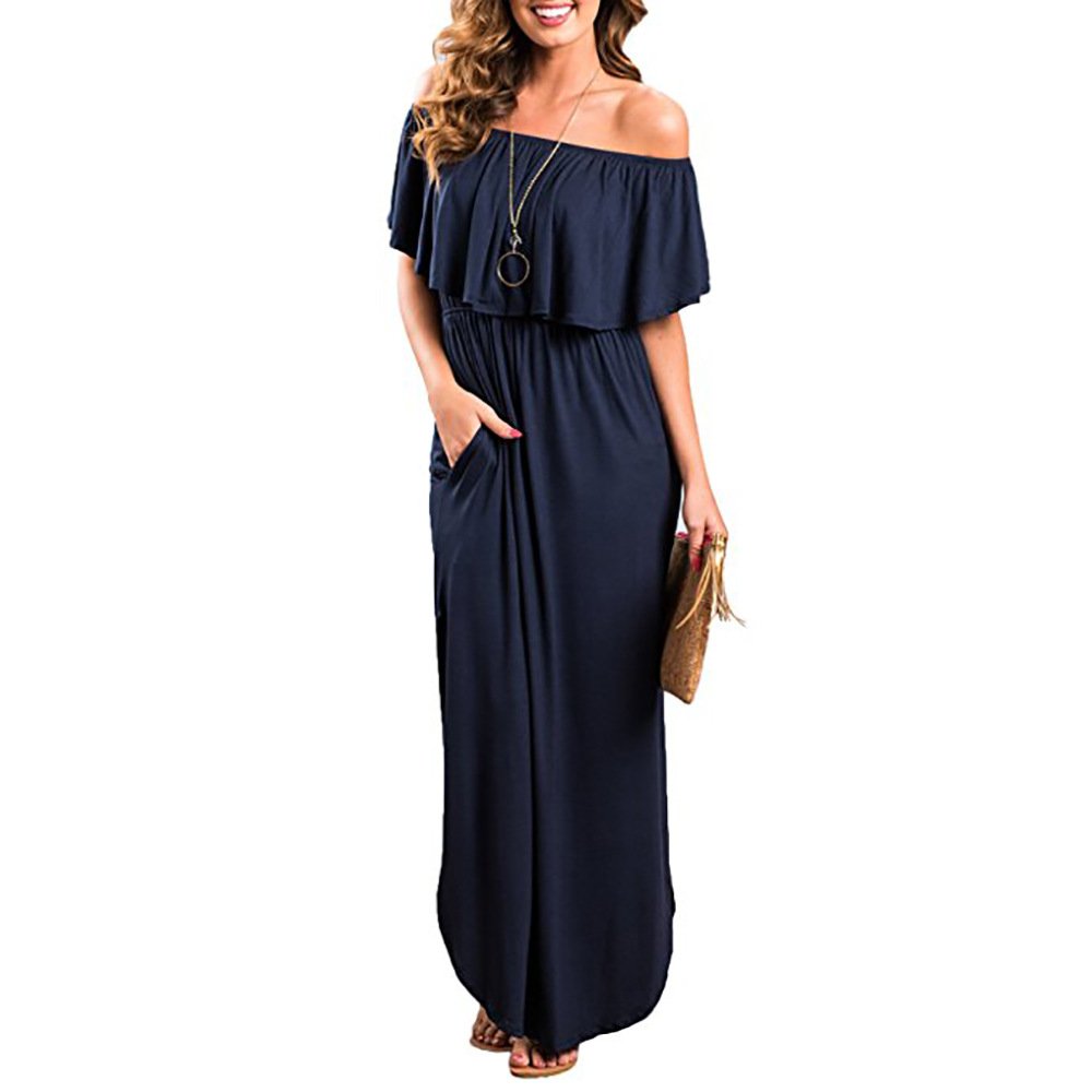 Women Long Maxi Dress Off Shoulder Ruffle Side Split Maxi Dresses Boho Long Swing A Line Plain Pleated Dress for Beach Cocktail Party Wedding Simple Style Strapless Sundress Kaftan Tunic Plus Size