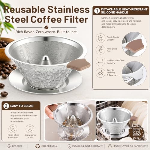 Pour Over Coffee Dripper, Stainless Steel Coffee Filter, Paperless W60 Style Reusable Coffee Filter, Metal 600 Mesh Strainer Coffee Maker Single Cup Brewer 1-2 Cup - 5