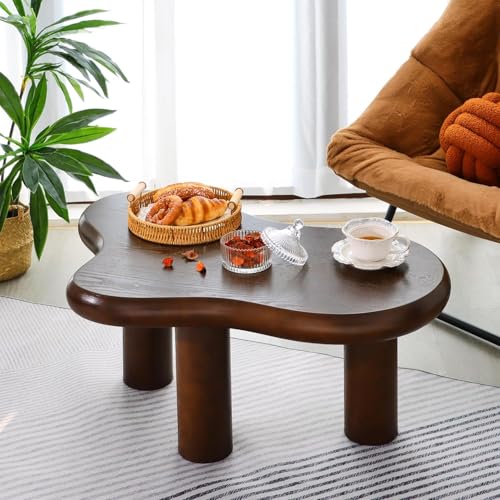 Image of Solid Wood Coffee Table for Living Room | Modern Low Center Table with Thick Round Legs | Wooden Tea Table Sofa Side Table for Home Decor