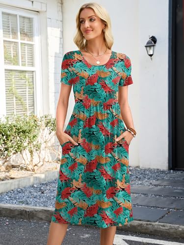 Image of Heymoments Women's Casual Short Sleeve Midi Dress Crewneck A Line Tiered Flowy Loose Travel Long Dresses with Pockets