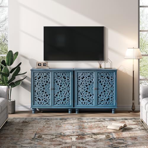 Image of Accent Cabinet with Doors, Decorative Storage Cabinet with Adjustable Shelf, Carved Sideboard Buffet with Solid Wood Legs for Living Room, Entryway, Kitchen, Hallway, Blue