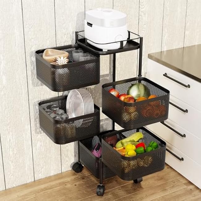 Fruit Vegetable Basket for Kitchen Rotating Storage Rack for Kitchen Storage And Organization Rolling Utility Cart with Handle Movable Storage Organizer with Wheels Snack Cart with Wheels Black 5 Tier-Zu7PmRFq