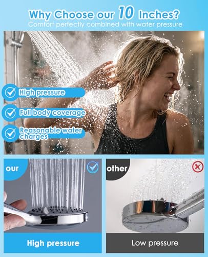 Image of Rain Shower Head with Handheld, 10 inch Dual Shower Combo, Chrome | 304 stainless steel rainfall head, adjustable extension arm, 5 spray modes, anti-clog nozzles, easy bathroom upgrade