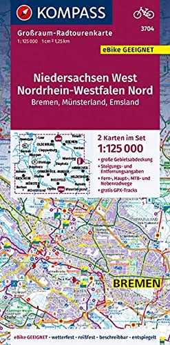 KOMPASS Großraum-Radtourenkarte 3704 Niedersachsen West, Nordrhein-Westfalen Nord, 1:125.000: Bremen, Münsterland, Emsland, 2 Karten im Set, reiß- und ... (KOMPASS Großraum Fahrradkarte, Band 3704)